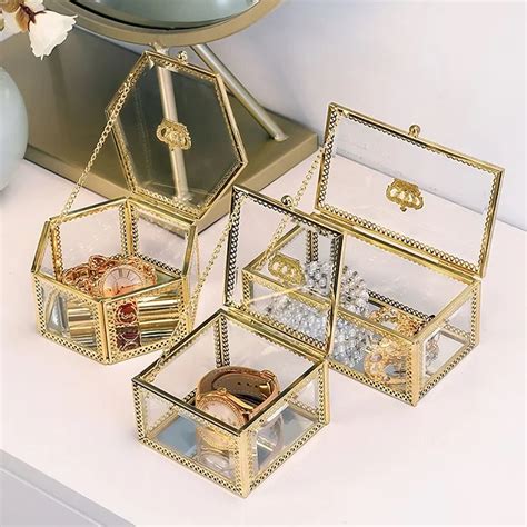 glass and gold metal jewelry box|etched glass jewelry box.